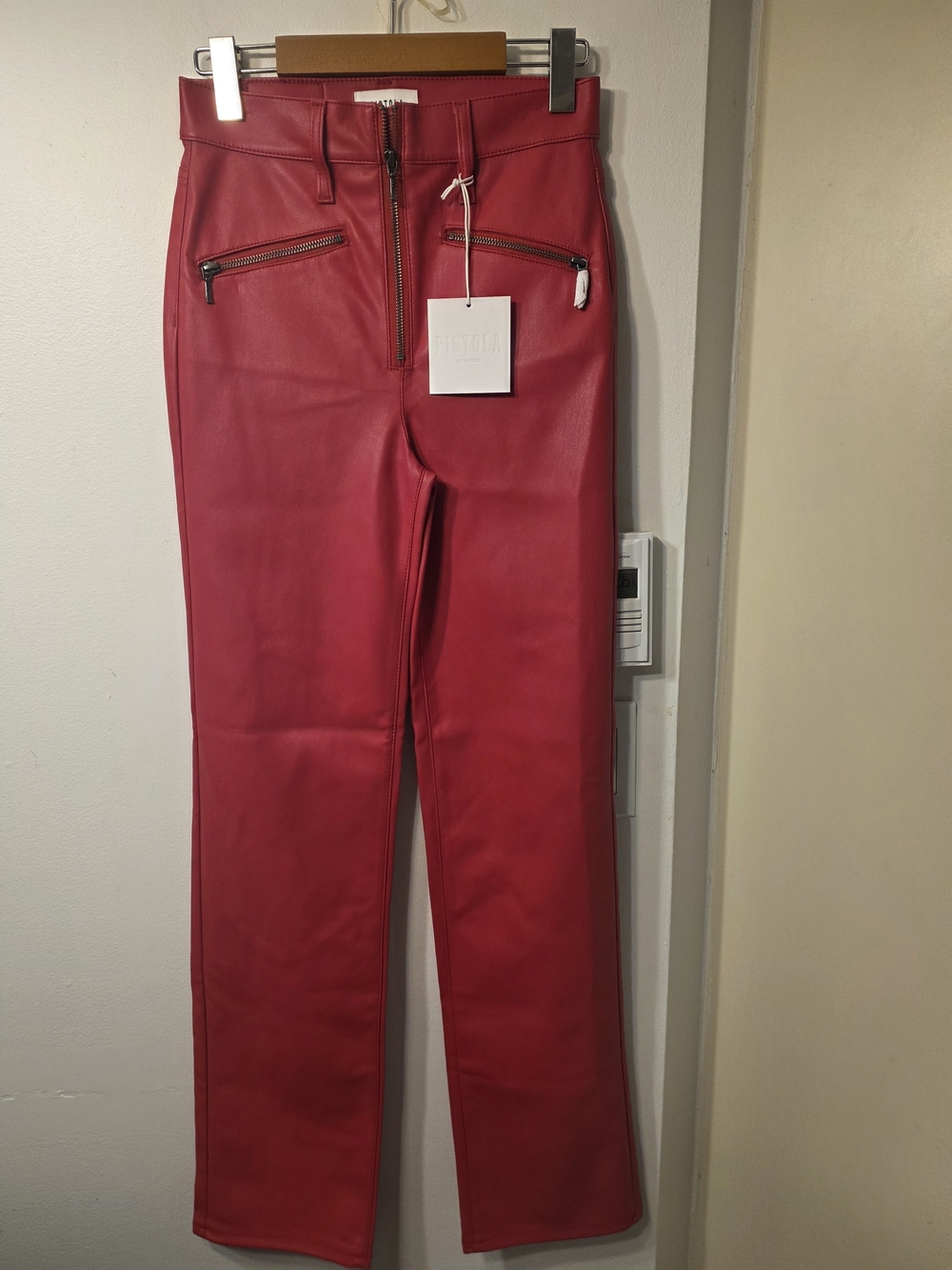 Red Faux Leather Zip Front Pants